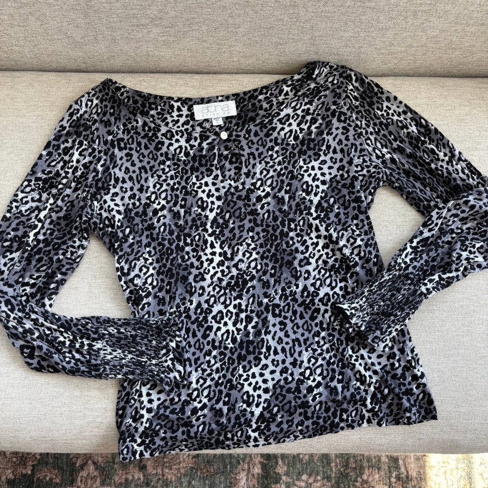 Vintage Atina Cristina Blouse L Black Leopard Print Keyhole Y2K Tuscan Mom